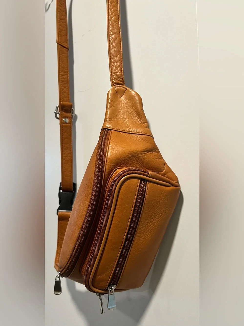 Jorceo Tan Genuine Leather Belt Bag with Multiple Zip Pockets